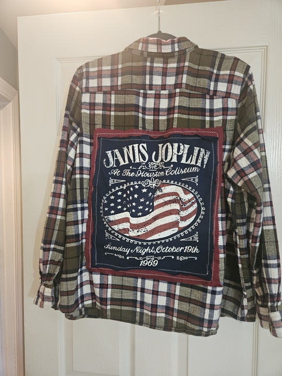 Tops - Upcycled Flannel Janis Joplin Graphic Plaid Button-Up Shirt - Olive/Red/White